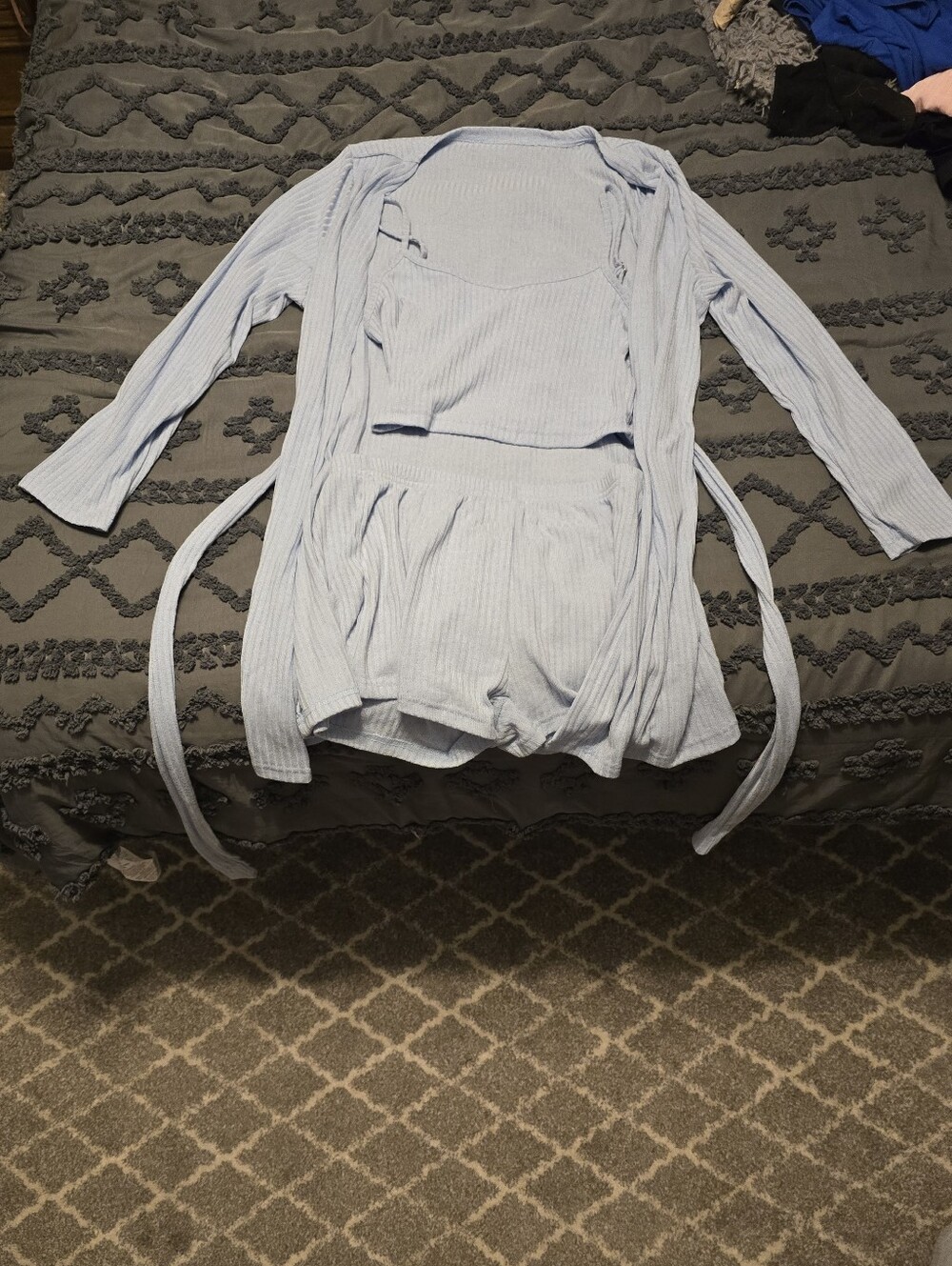 3-Piece Ribbed Pajama Set with Robe - Light Blue